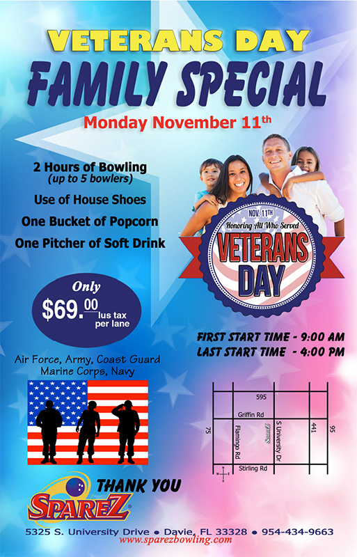 Veterans Day Bowling Special Family Deal - Sparez Davie Florida